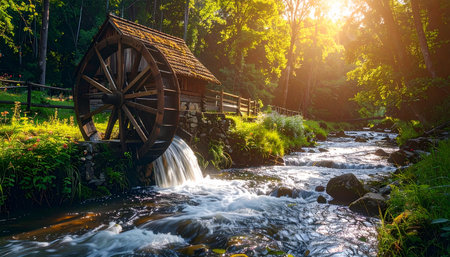 Golden morning light filters through a dense forest canopy, illuminating a historic wooden watermill.の素材