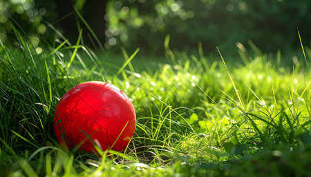 A single red ball rests in a field of lush green grass, bathed in the warm glow of the afternoon sun.の素材