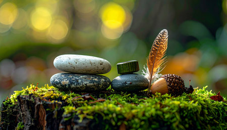A quiet moment in the heart of the woods, where balanced stones, a delicate feather, and a single acorn rest on a bed of vibrant green moss.の素材