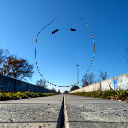 A creative, low-angle view captures a jump rope frozen in mid-air, its shape forming a perfect smiley face against a vast blue sky.の素材