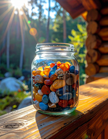 A clear glass jar filled with a collection of colorful, polished gemstones sits on a rustic wooden railing, glowing in the warm morning sunlight.の素材