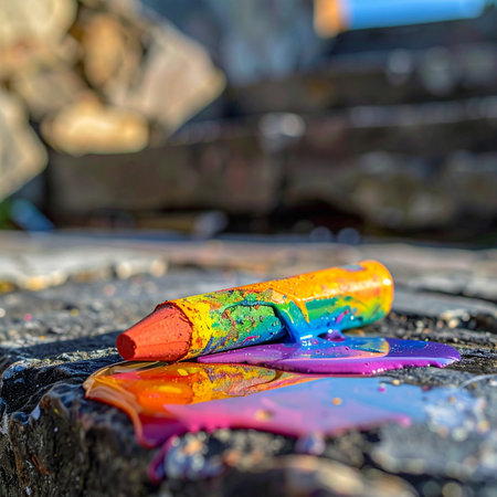 On a hot summer day, a vibrant rainbow crayon succumbs to the intense heat, its solid form transforming into a fluid puddle of brilliant, swirling colors.の素材