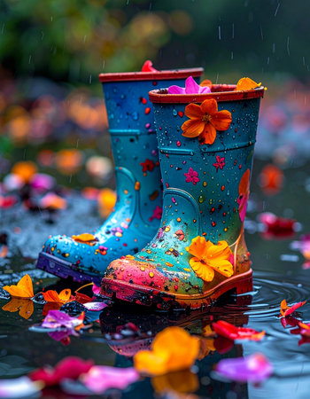 A pair of brightly decorated children's rain boots stands in a shimmering puddle, adorned with fallen flower petals.の素材