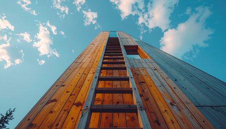 From a low angle perspective, a wooden ladder ascends a tall structure, pointing directly towards a vibrant blue sky filled with soft clouds.の素材