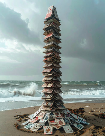 A towering and impossibly delicate structure made of playing cards stands on a sandy beach, defying the turbulent waves and stormy sky.の素材