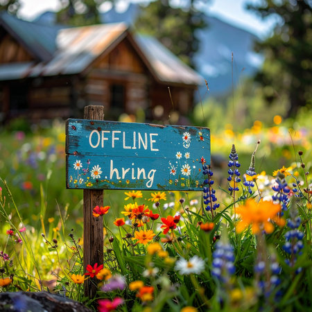 A charming, hand-painted sign with the message 'Offline is hiring' stands amidst a vibrant wildflower garden.の素材