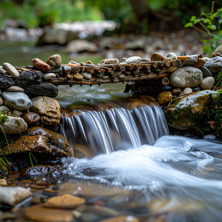 A charming, handcrafted bridge made of stones and twigs arches gracefully over a small, cascading waterfall in a serene forest.の素材
