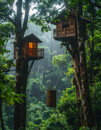 High above the misty jungle floor, two secluded treehouses offer a magical escape into nature.の素材