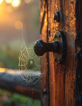 The first light of dawn illuminates a delicate spiderweb, covered in morning dew, spun on an old, weathered wooden door.の素材