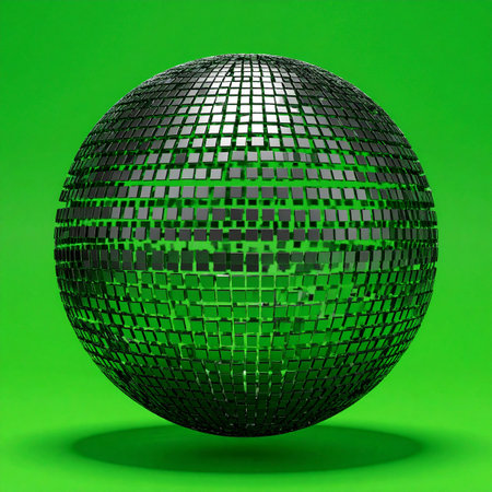 A gleaming mirrored sphere floats against a vibrant green backdrop.の素材