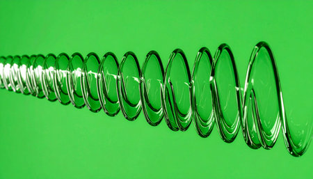 A detailed macro shot of a transparent glass coil, its perfect spiral form gleaming against a vibrant green background.の素材