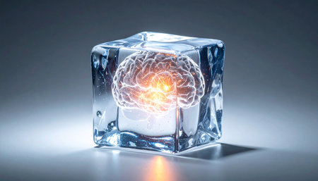 A human brain, glowing with latent energy and ideas, is perfectly preserved within a crystal-clear ice cube.の素材