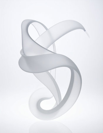 A single, translucent form twists gracefully in a soft, white void. Its fluid and ethereal curves suggest elegant motion, innovation, and the pure beauty of minimalist design.の素材