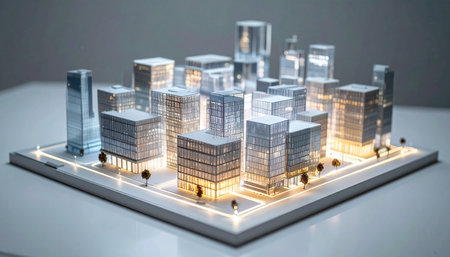 A glowing architectural model visualizes a futuristic smart city.の素材