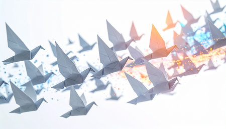 A flock of meticulously crafted origami birds takes flight, soaring in unison towards a radiant, hopeful light.の素材