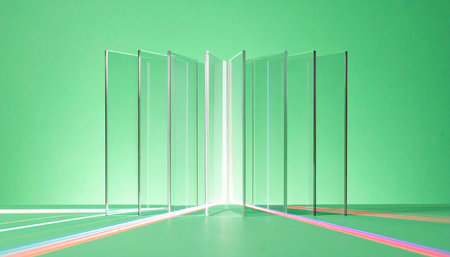 A pathway of polished glass panels opens to reveal a brilliant, ethereal light source at its core.の素材