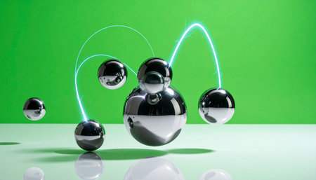 Luminous arcs of energy connect a network of polished chrome spheres, symbolizing the seamless flow of data and communication.の素材