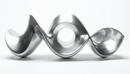 A polished metal sculpture rests on a clean white surface, its form a continuous, flowing wave of interconnected shapes.の素材