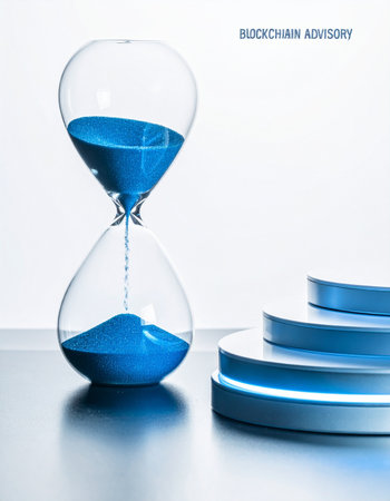 An hourglass with flowing blue sand stands next to a glowing, futuristic podium, symbolizing the critical timing of blockchain investments.の素材