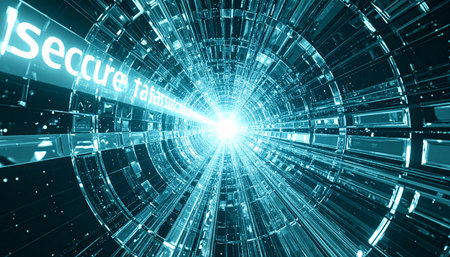 A stream of secure data travels at light speed through a futuristic digital wormhole, representing the rapid and protected transfer of information in the modern age of cybersecurity and global networ.の素材