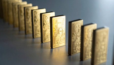 A line of golden dominoes stands in perfect formation, reflecting on a dark surface.の素材
