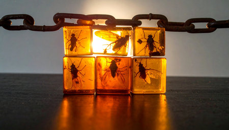 A collection of ancient flies are perfectly preserved within glowing amber cubes, linked together by a rustic chain.の素材