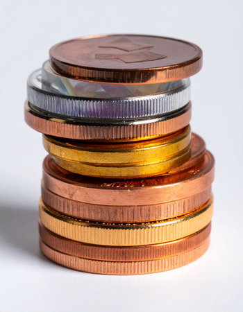 A colorful stack of international coins stands as a symbol of global commerce and personal savings.の素材