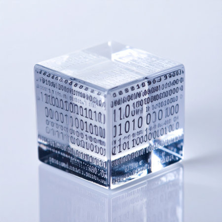 A transparent cube holds complex binary code, symbolizing the core of digital information.の素材