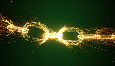 A luminous chain forged from pure energy particles glows intensely against a deep green background.の素材