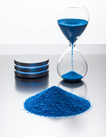 A modern blue hourglass marks the steady passage of time as sand flows from one chamber to another.の素材