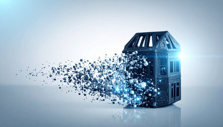 A digital edifice dematerializes into a radiant cloud of data particles, symbolizing the concept of digital transformation, the metaverse, and the ephemeral nature of virtual assets.の素材