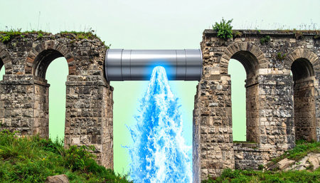 A powerful stream of glowing blue energy surges from a futuristic conduit, bridging a gap in an ancient Roman aqueduct.の素材
