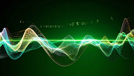A vibrant digital waveform pulses with energy across a dark background, visualizing the flow of data, sound, or a futuristic signal.の素材