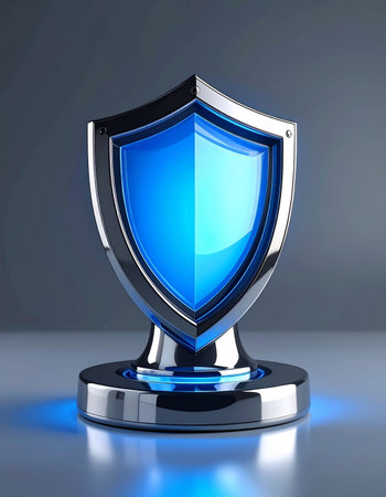 A gleaming chrome shield stands as a beacon of digital defense. Its vibrant blue core glows with power, symbolizing robust protection, online safety, and impenetrable security against cyber threats.の素材