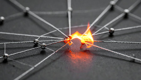 The central hub of a complex network ignites, symbolizing a critical system failure or a single point of weakness leading to a catastrophic breakdown.の素材