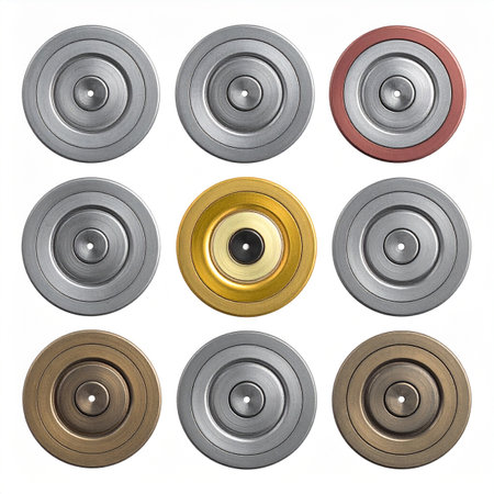 A top-down view of a diverse collection of battery terminals arranged in a grid.の素材