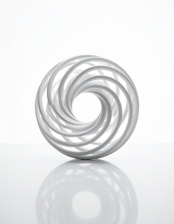 A pristine white geometric form swirls into an infinite vortex, its elegant curves reflected on a glossy surface.の素材