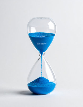 A modern glass hourglass with vibrant blue sand marks the steady passage of time against a clean white background.の素材