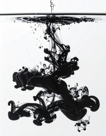 A single drop of black ink falls into clear water, creating a chaotic yet beautiful cloud.の素材
