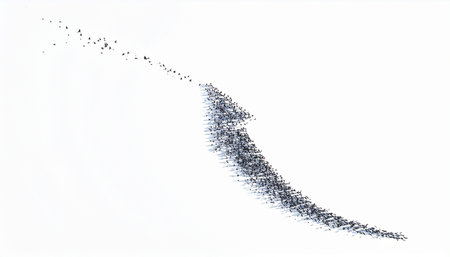 A dynamic swoosh of black glitter particles flows across a clean white background.の素材