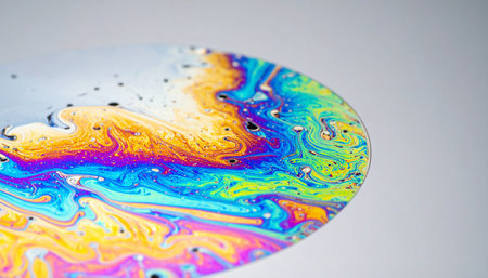 A mesmerizing macro view captures the chaotic and beautiful dance of colors across the delicate surface of a soap bubble.の素材