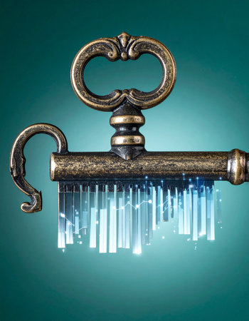 An ancient, ornate key is reimagined with futuristic technology.の素材