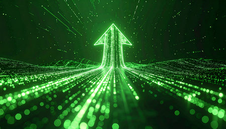A luminous green arrow surges upward through a dynamic digital landscape, representing rapid technological advancement and financial growth.の素材