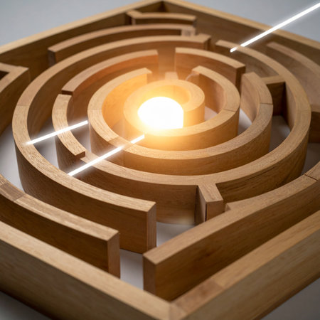 A glowing orb of light represents the ultimate goal or solution, waiting at the heart of a complex wooden labyrinth.の素材