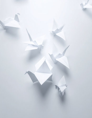 A flock of delicate white origami cranes glides gracefully across a clean, minimalist background.の素材