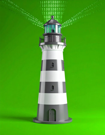 A beacon for the digital age, this lighthouse shines beams of binary code, symbolizing guidance, safety, and navigation through the complex seas of data.の素材