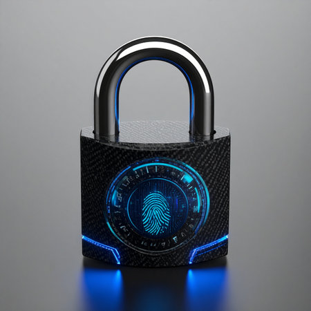A futuristic smart padlock glows with a blue light, illuminating a digital fingerprint on its scanner.の素材