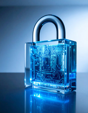 A transparent padlock reveals its glowing blue circuit board, symbolizing the intricate and advanced nature of modern digital security.の素材