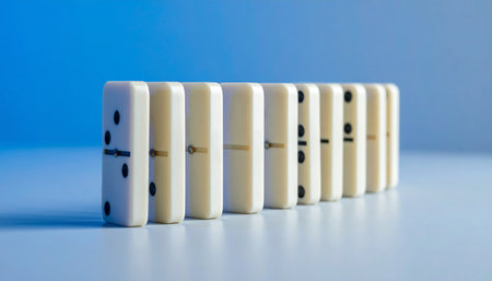 A perfectly aligned row of white dominoes stands ready on a clean blue background, capturing a moment of quiet tension.の素材