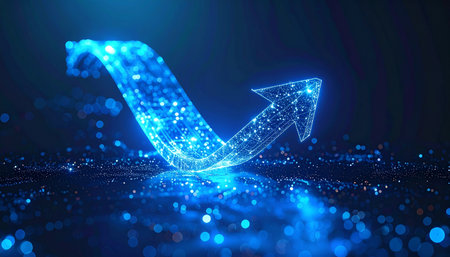 A luminous digital arrow, composed of shimmering data particles, charts an upward course against a dark, reflective background.の素材